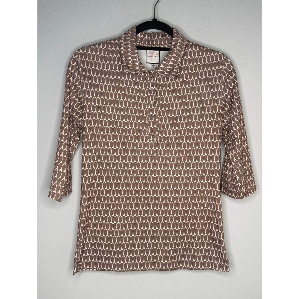 Catherine Wingate Brown Cream Eiffel Tower Polo Shirt Roll Tab 3/4 Sleeve S